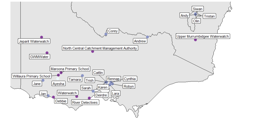 Map of Victoria, ACT and southern NSW with labeled points indicating the network of people met through this program. 