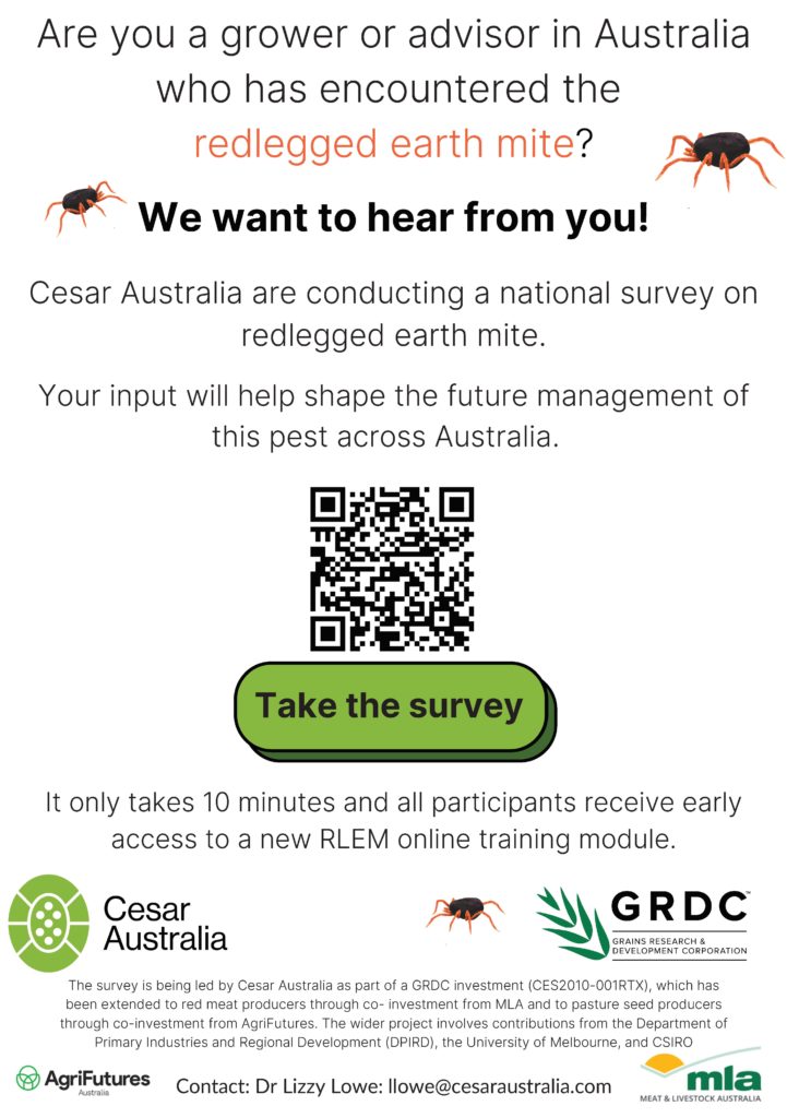 Image advertising the survey about redlegged earth mite distributions. 
Click on the link to go to the survey. 